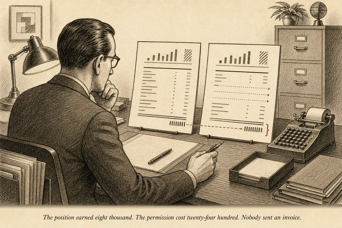 An operator reviewing two financial statements — one showing gross revenue, one showing net after invisible permission costs
