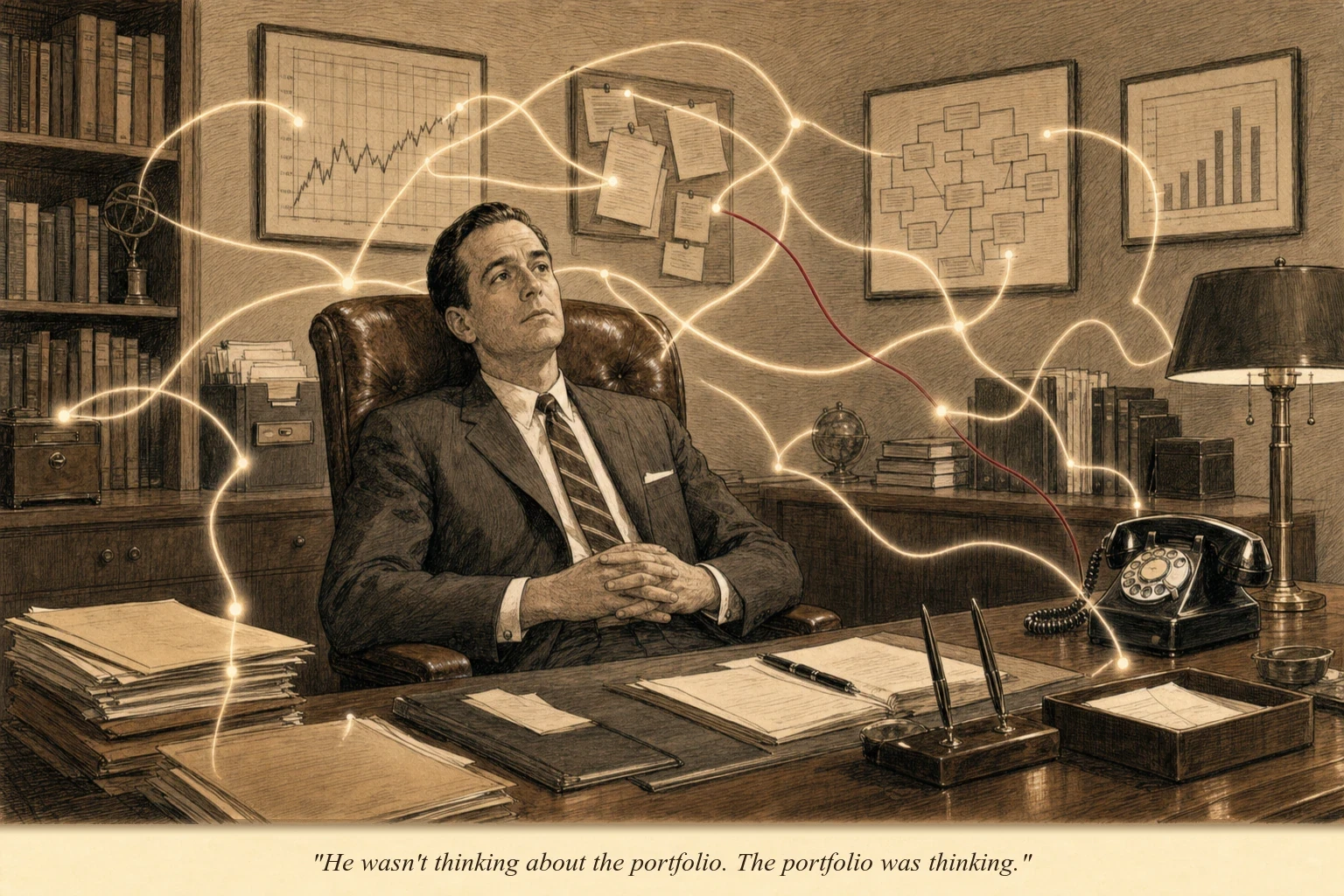 An operator sitting quietly inside a large transparent brain, with glowing neural pathways connecting different sections — each section is a different toll position, and the pathways fire between them carrying signals
