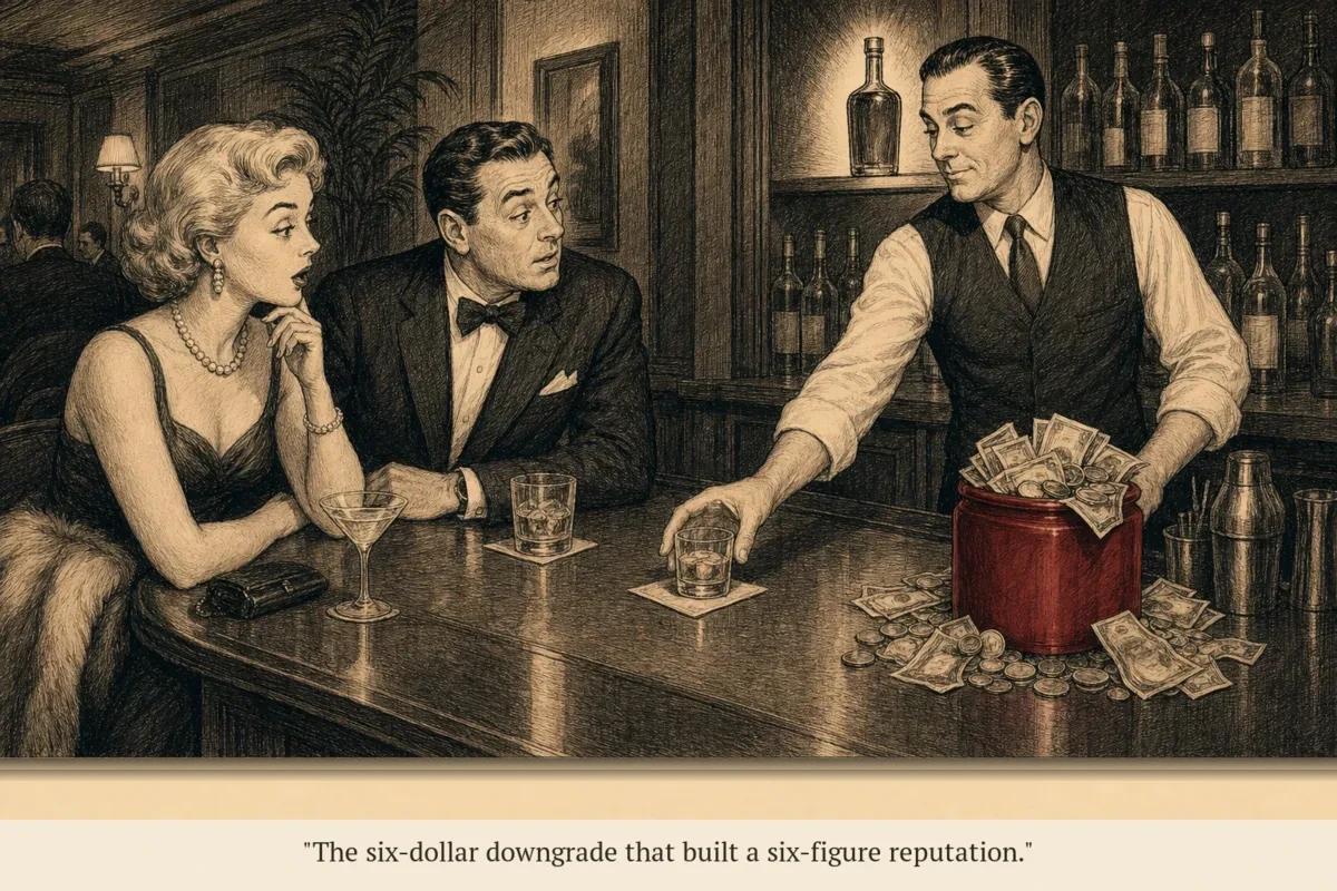 A bartender pushing a cheaper drink toward a surprised couple while a more expensive bottle stays on the shelf behind him — and the tip jar overflowing