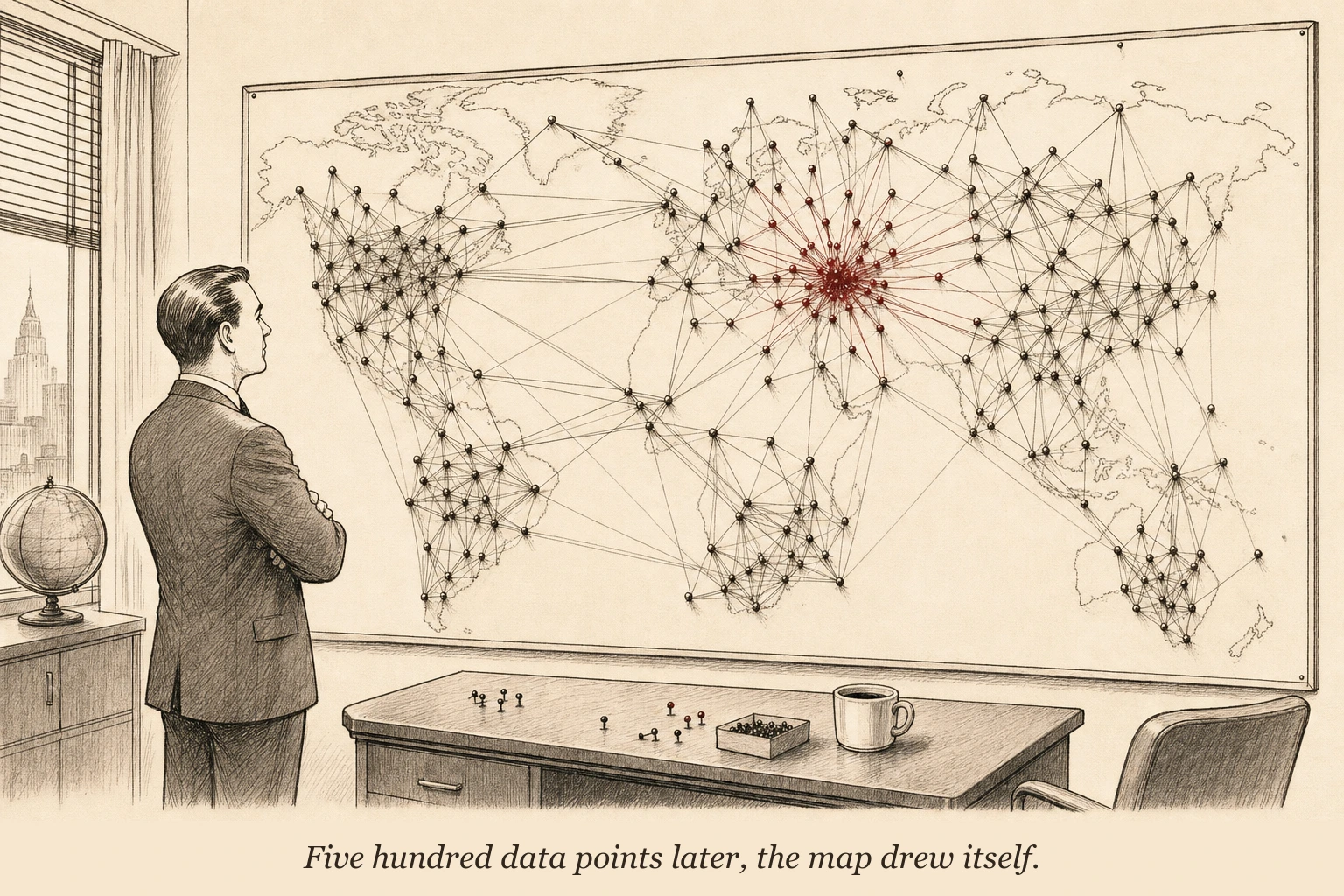 An operator stepping back from a large wall map covered in pins and connecting strings, seeing the clear pattern that has emerged from hundreds of individual data points