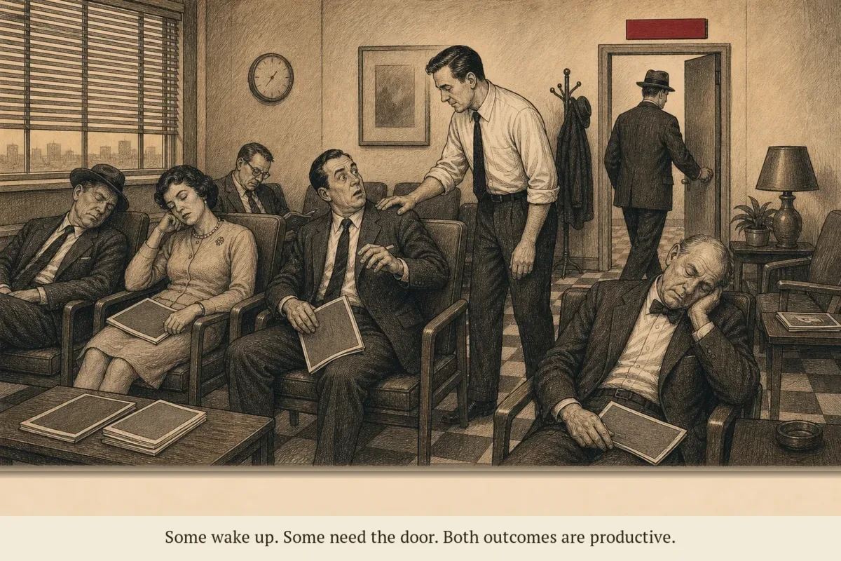 A composed operator gently tapping sleeping subscribers on the shoulder in a mid-century waiting room, with a few waking up and one heading for the door