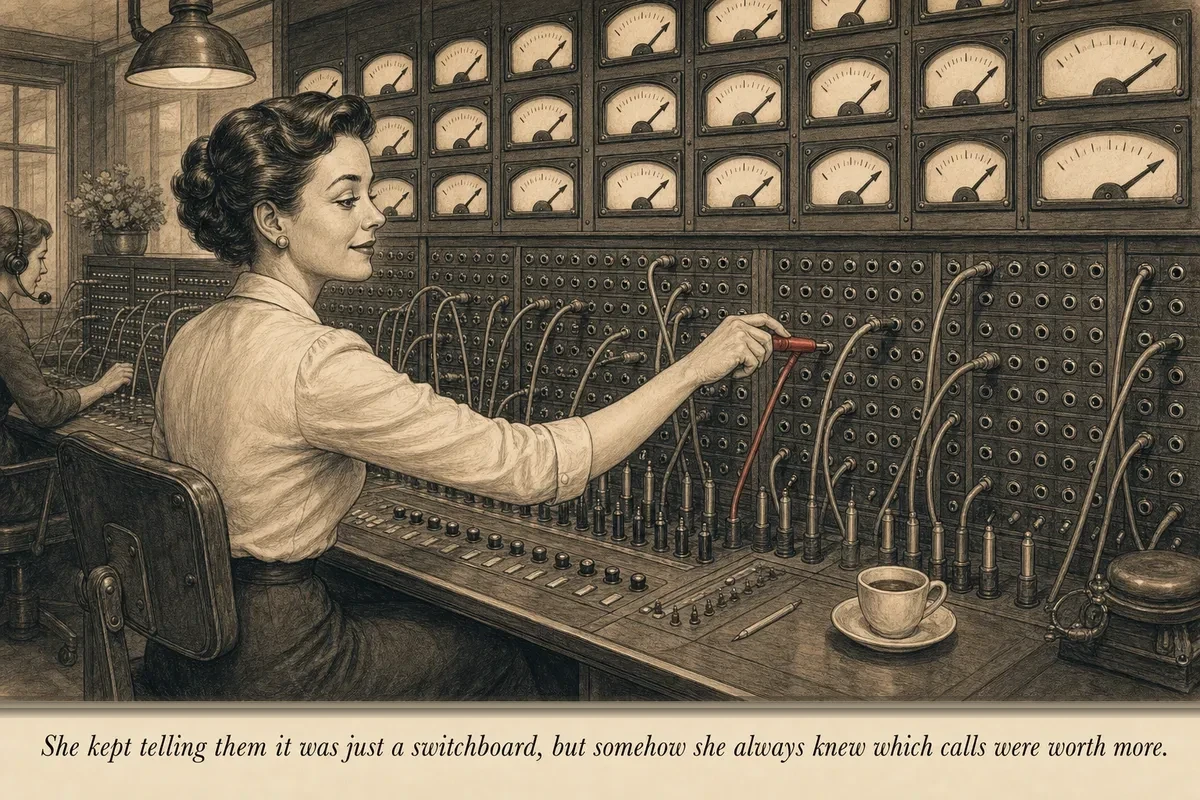 A 1960s telephone switchboard operator routing every incoming call through a central panel while small meters count each connection