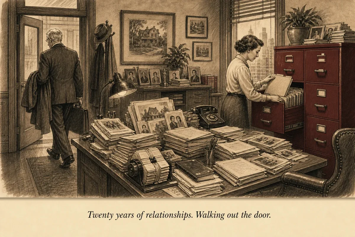 A retiring real estate agent walking away from a desk piled with client files and address books while an operator behind them carefully organizes each file into a systematic filing cabinet