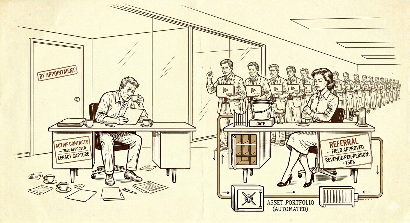 An operator sits at his desk doing nothing while a queue of creators forms outside his office door, each one holding a referral note from the last