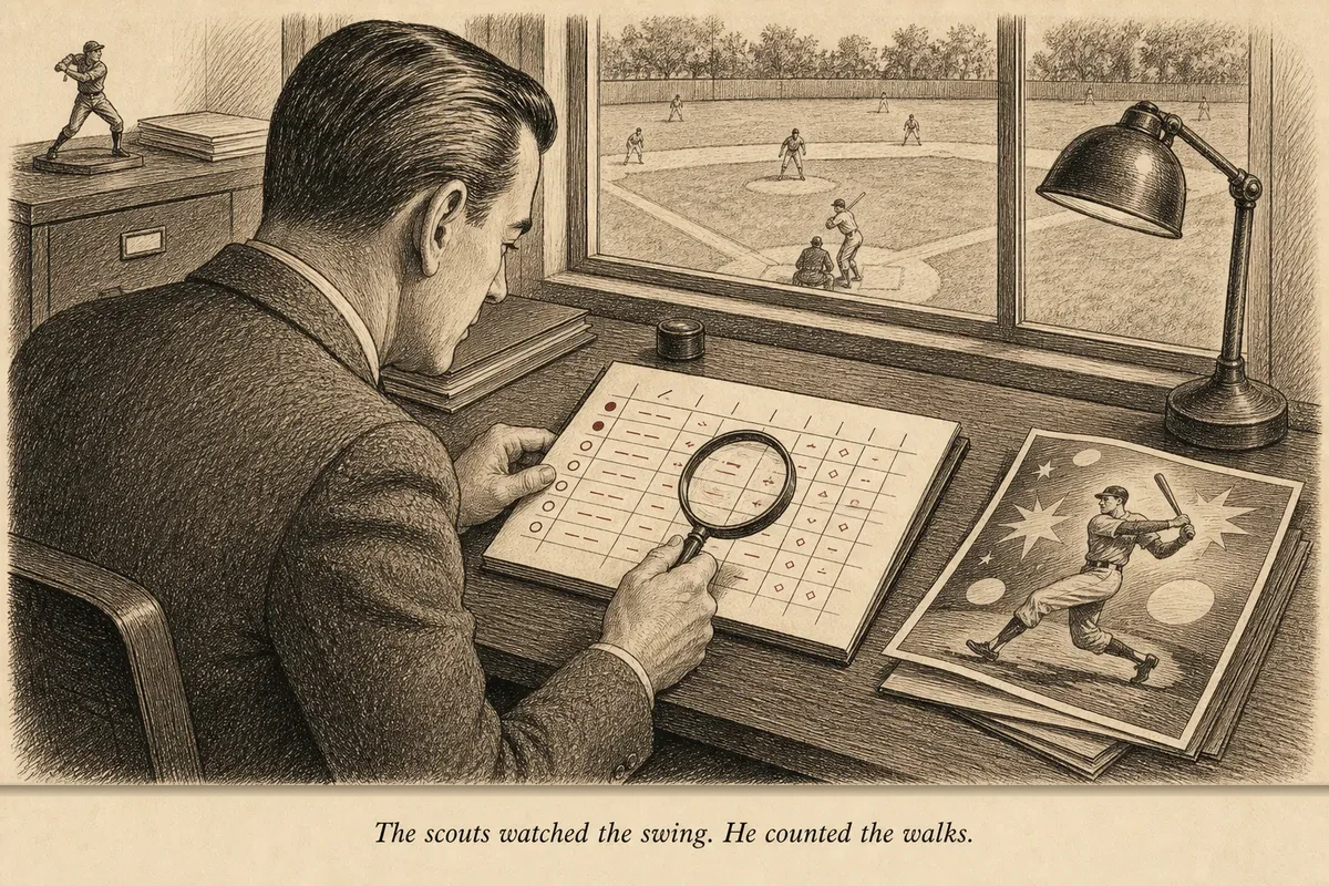 A scout's desk with binoculars pushed aside, replaced by a clean scorecard with six rows
