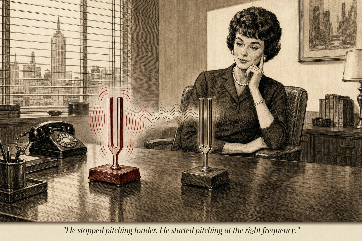 Two tuning forks on a desk — one being struck, the other beginning to vibrate sympathetically without being touched, small waves visible in the air between them