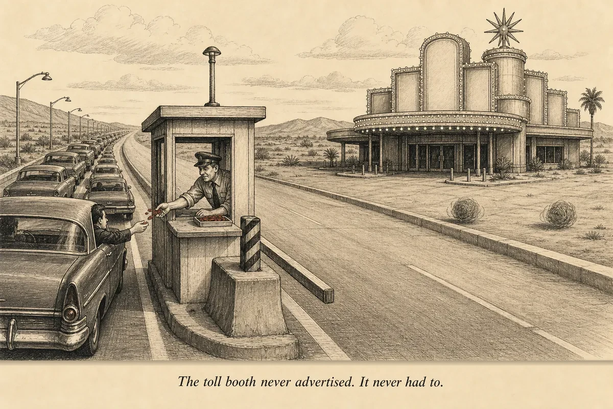 A modest roadside toll booth on a busy highway collecting coins from a steady stream of cars while a flashy casino across the street sits empty