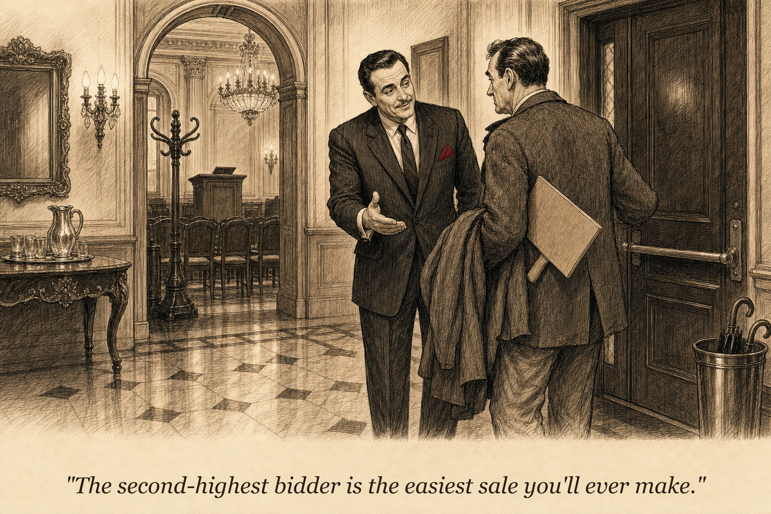 An auctioneer at a podium watches one bidder celebrate while another heads for the exit — and an operator intercepts the departing bidder in the lobby