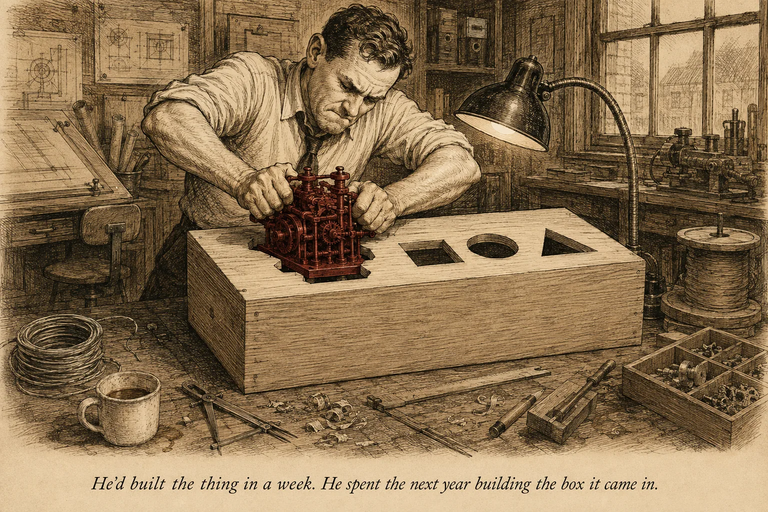 A builder at a workbench forcing an oddly-shaped mechanism into a form labeled only by its silhouette, while three other shaped openings sit unused beside it