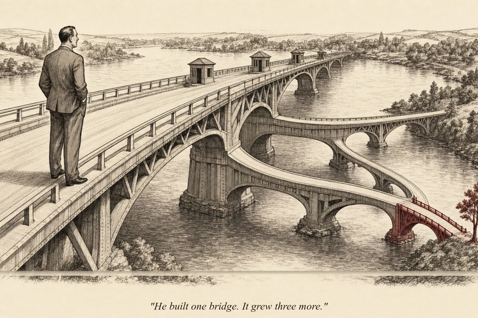 A single bridge spanning a river, with smaller bridges spontaneously growing from the foundation of the first one, each extending to a different shore
