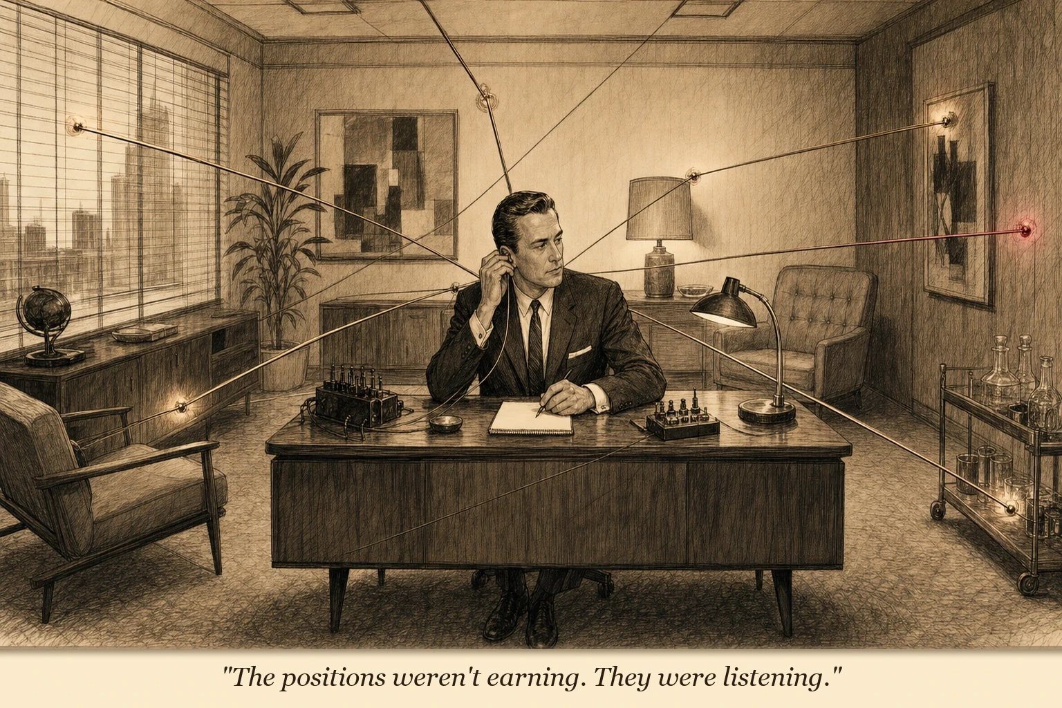 An operator sitting in the center of a room with thin wires extending from his desk outward through the walls in every direction — each wire glowing faintly with incoming signals, creating a web of sensory inputs