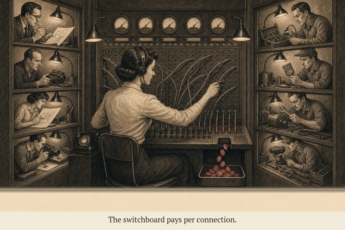 A composed operator at a mid-century switchboard, plugging connections between creators on one side and vendors on the other, with small coins dropping from each connection