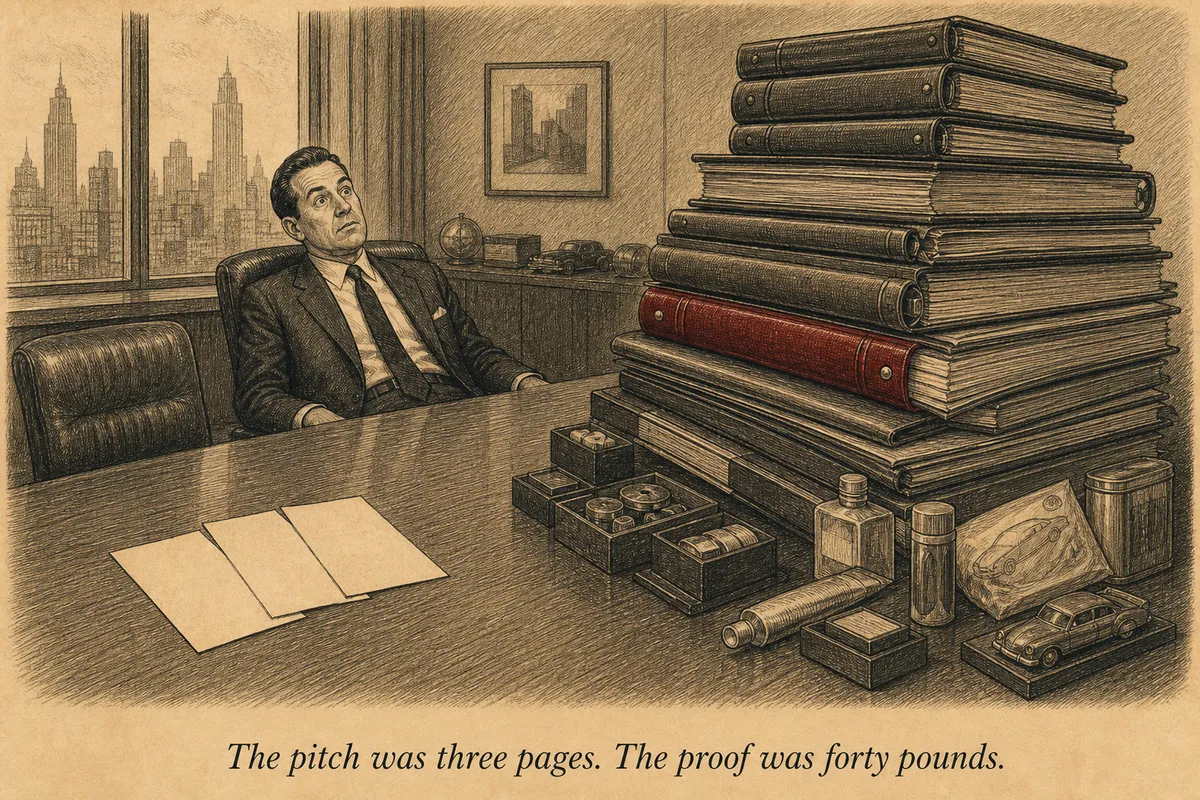 A wooden crate opened on a desk, revealing layers of archival tissue, white gloves, a certificate, and a glowing book — the recipient's hands hover in awe
