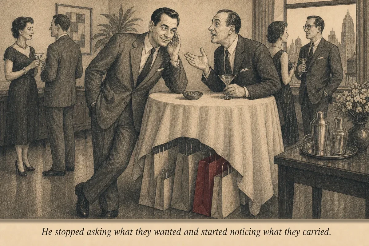 An operator at a dinner party leans in to listen while a guest unknowingly reveals shopping bags under the table