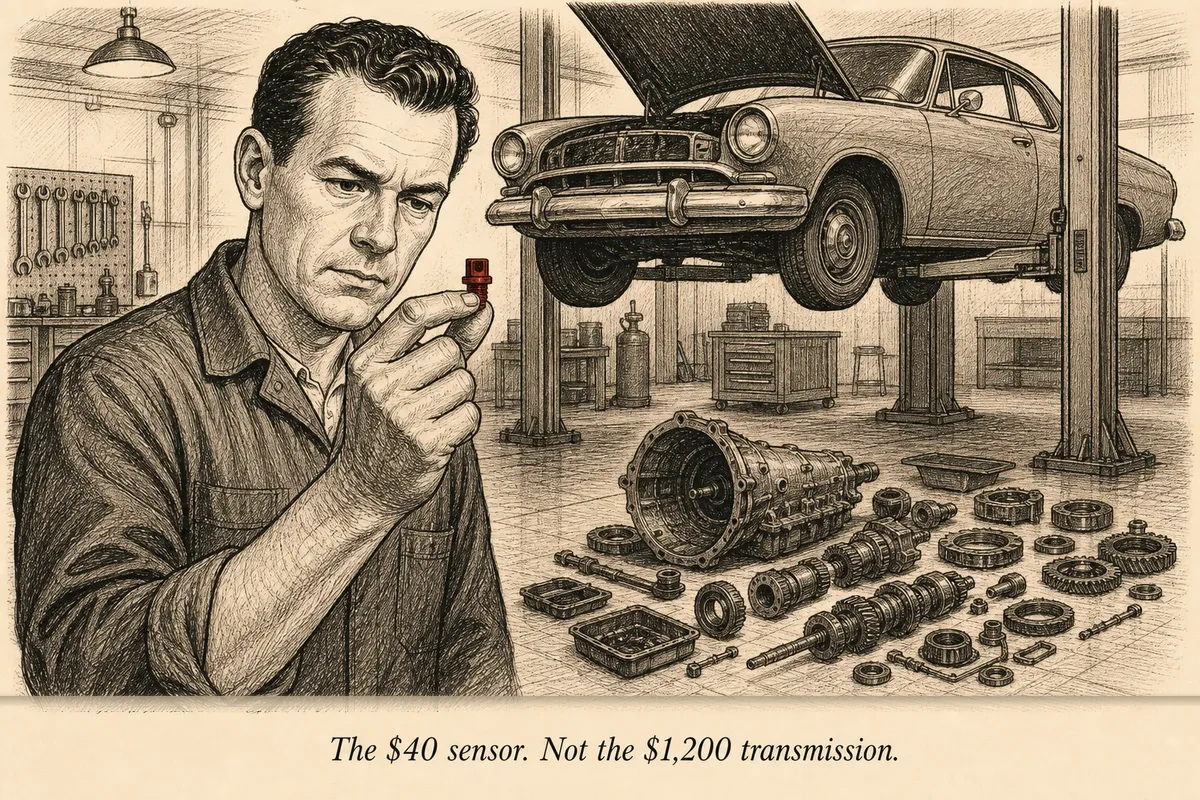 A mechanic holds up a tiny sensor between two fingers while behind him on the lift sits a car surrounded by an entire disassembled transmission laid out on the floor