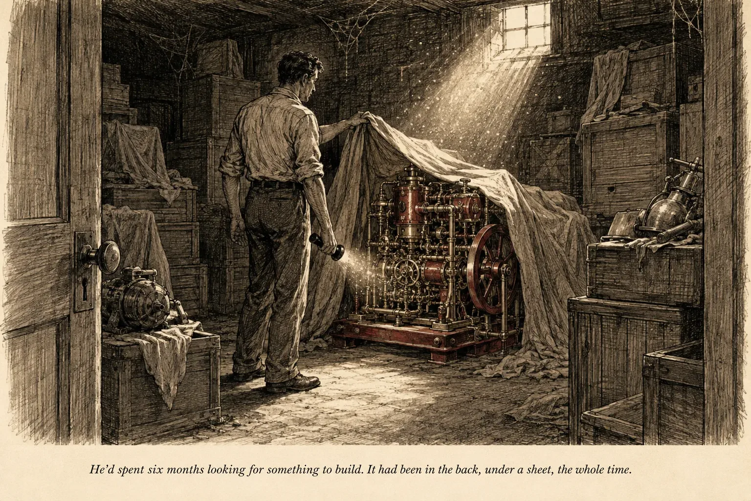 A builder standing in the doorway of a dusty storage room, torchlight falling on a well-made machine under a dust sheet, surrounded by crates