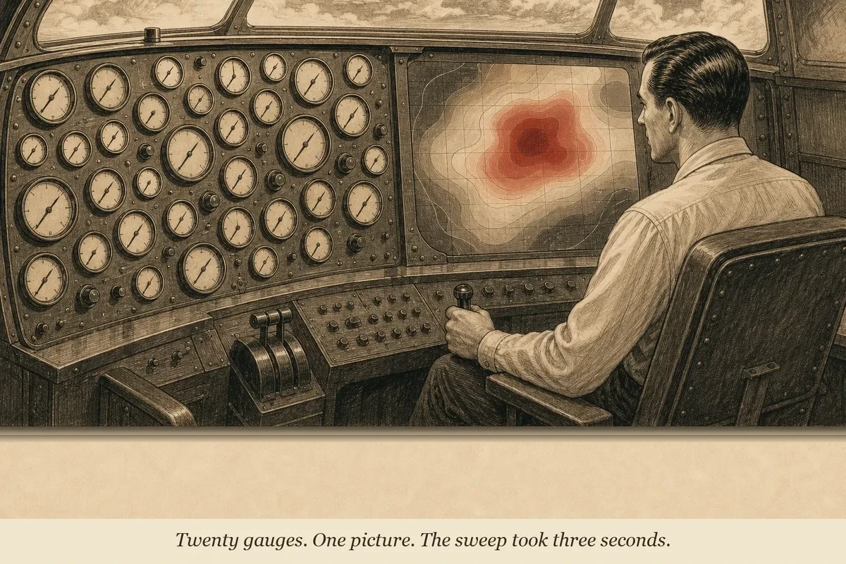 A pilot in a 1960s cockpit studying a glowing instrument panel where all the gauges merge into a single unified display