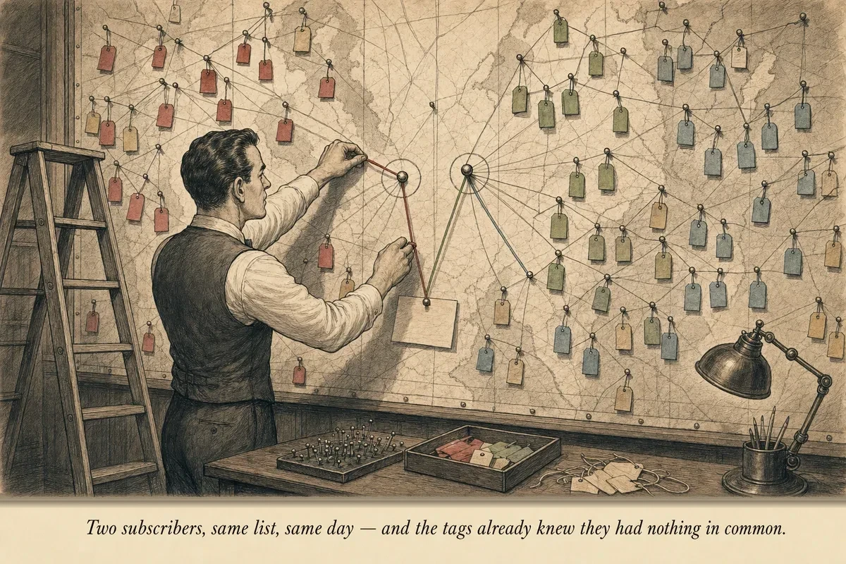 An operator pins small colored tags onto a wall-sized map of subscribers, each tag revealing a different buying pattern