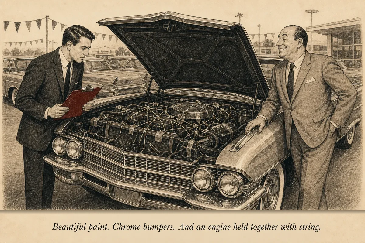 An operator with a clipboard inspects the engine of a gleaming vintage car, revealing a tangled mess under the beautiful hood