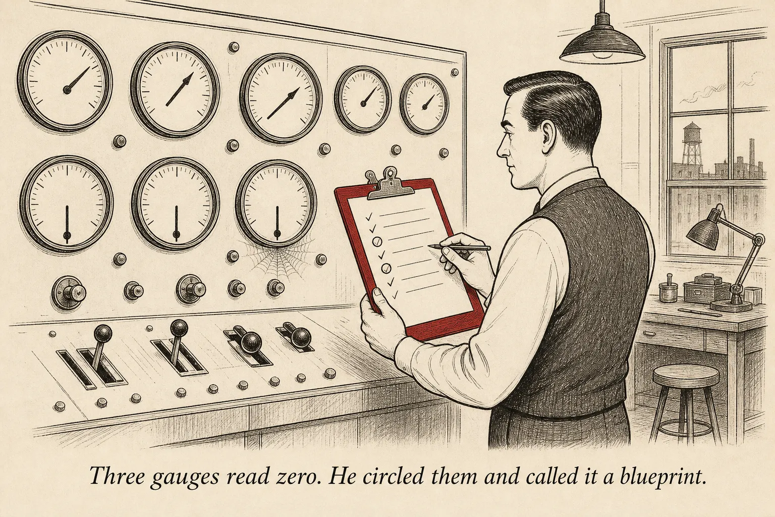 An operator checking a control panel of gauges. Some needles are active, others read zero. He holds a red clipboard checklist.