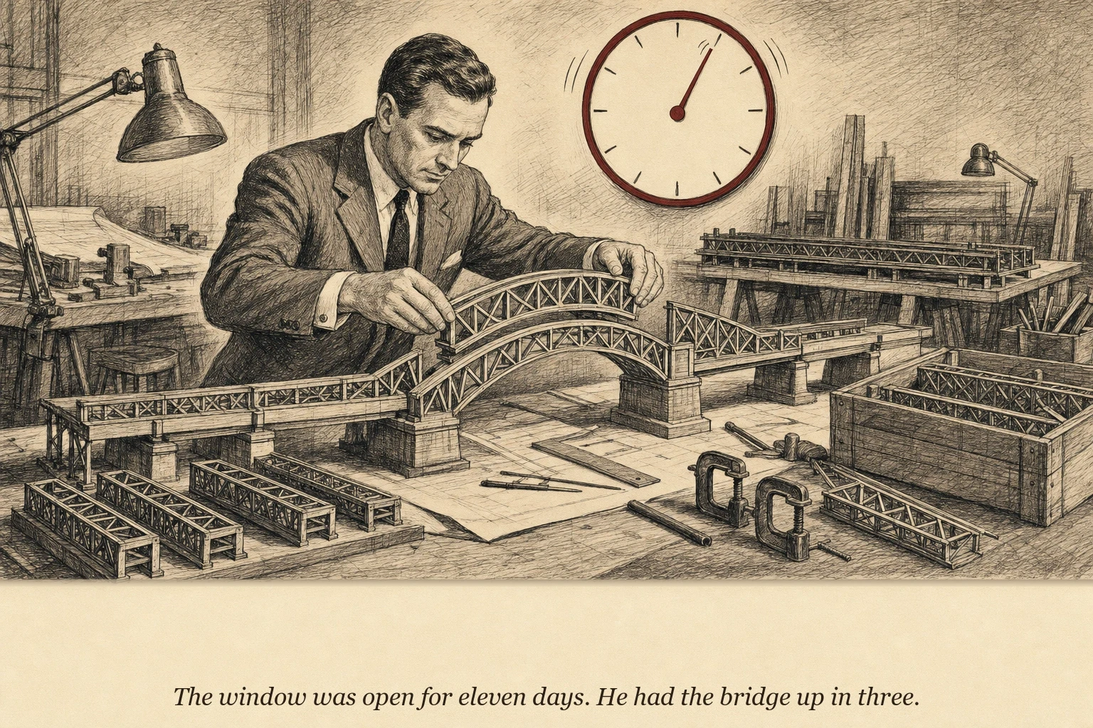 An operator quickly assembling a small toll bridge while a clock on the wall shows a narrow time window — the bridge is being built in the gap between two moments