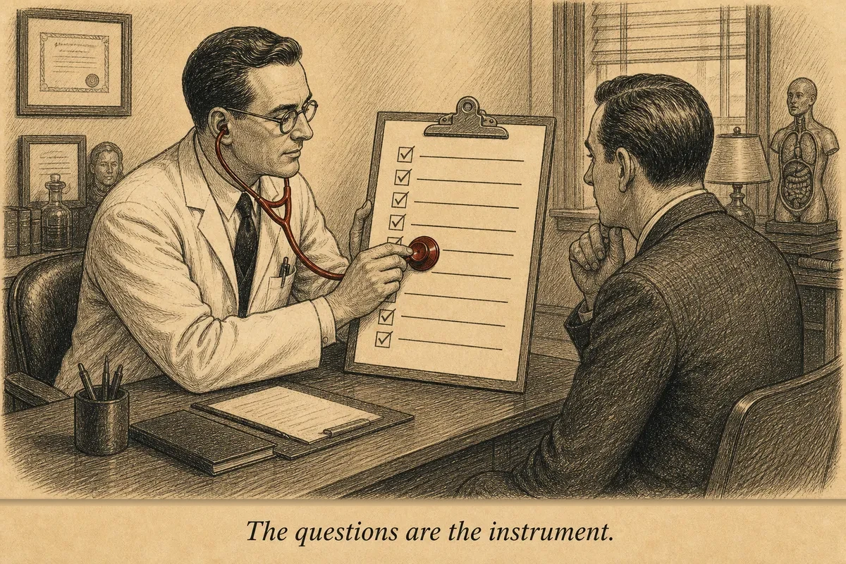 A doctor with a stethoscope sitting across from a patient, but instead of a medical chart on the desk between them, it's a toll-position dashboard with ten numbered lines