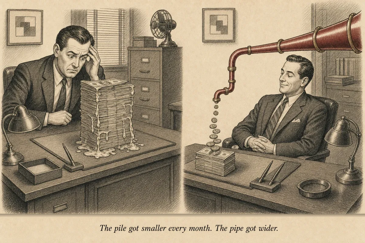 Two desks side by side — left has a melting stack of cash, right has a pipe feeding coins continuously