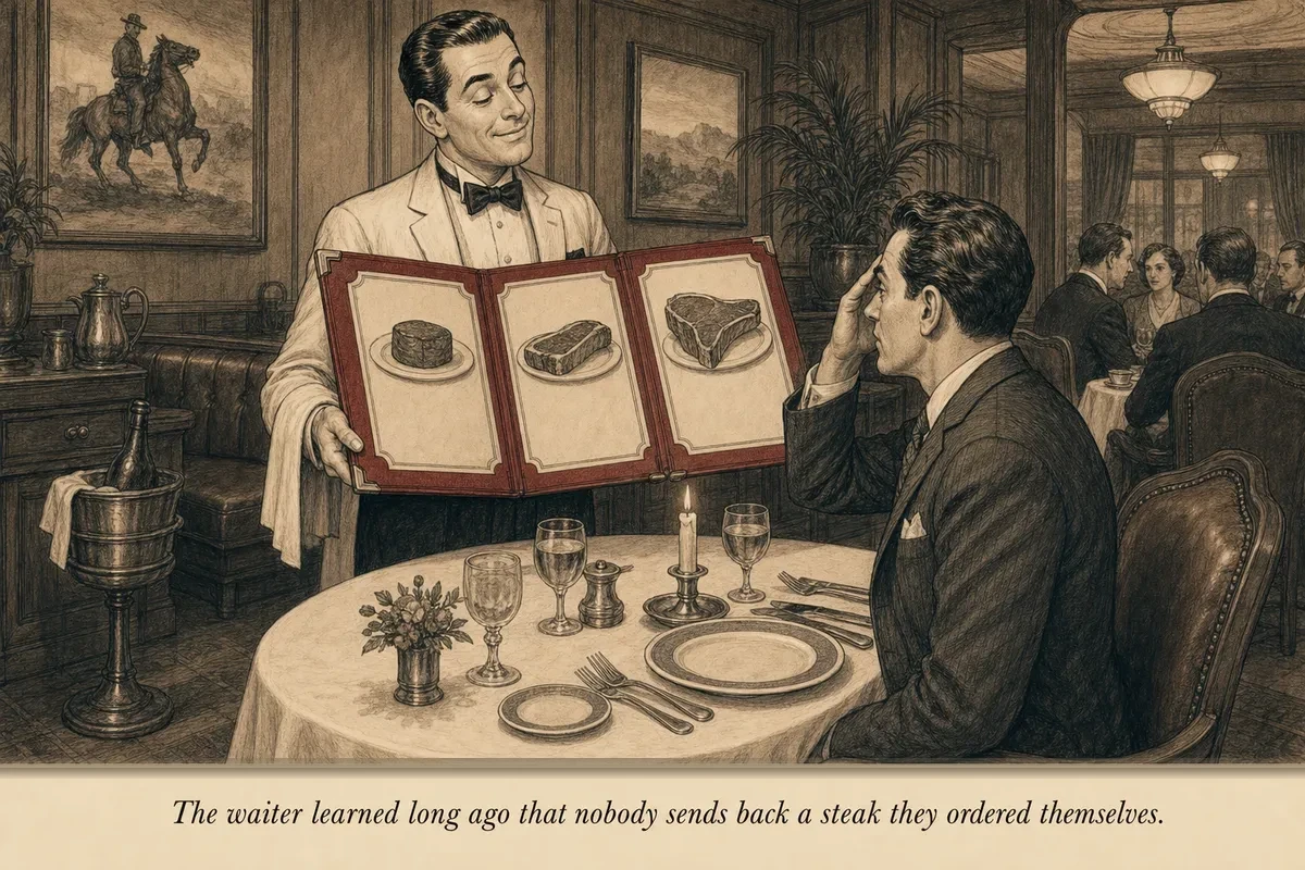 A waiter presenting a menu with three options to a hesitant diner at a mid-century steakhouse