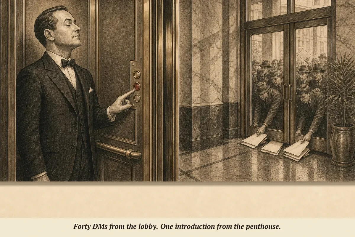 An operator stands in an elevator with three floor buttons, currently on the lobby level, while a line of cold pitchers crowd the street outside