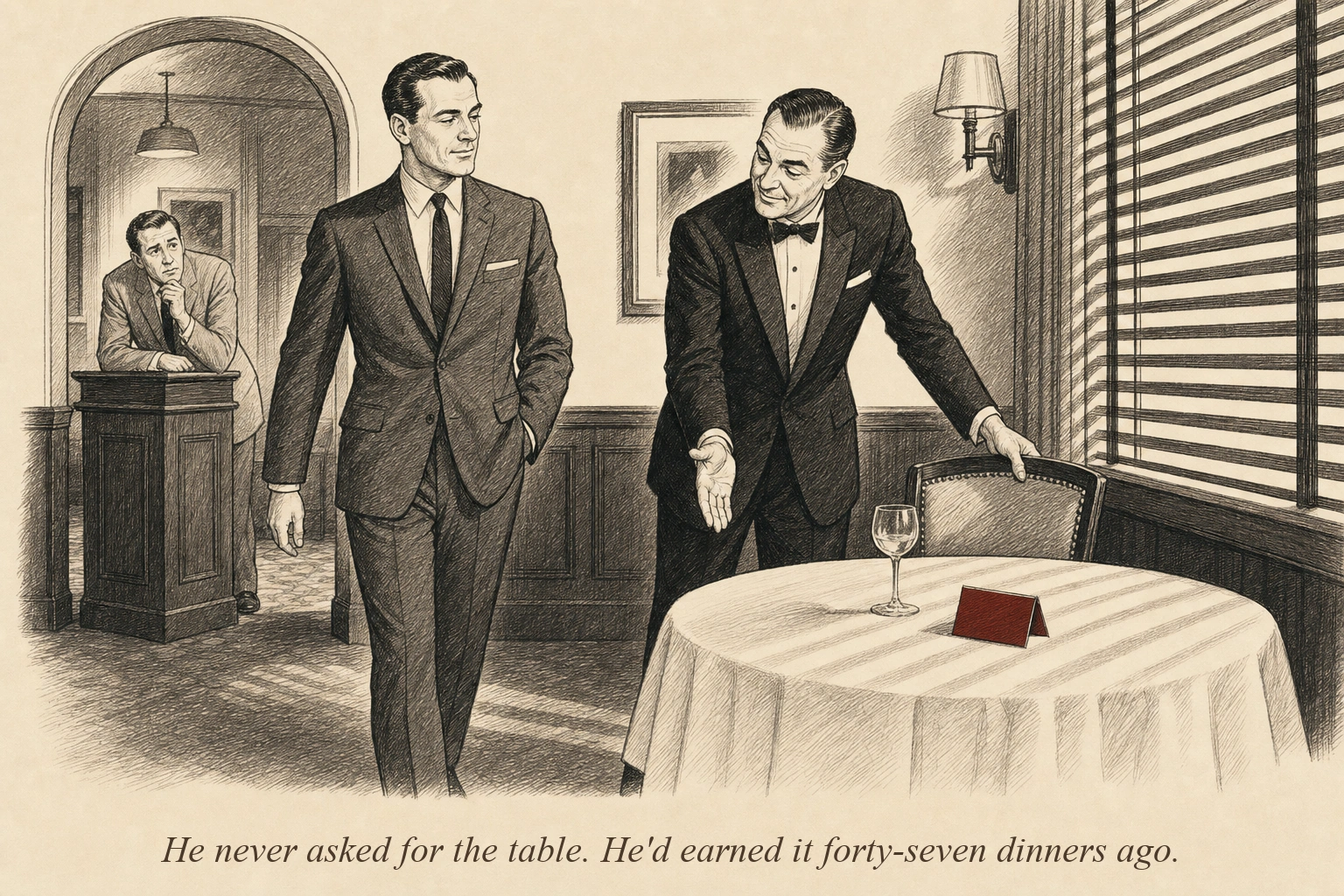 A maitre d' in a tuxedo pulls out a chair at the best table for a confident regular while another man in the background anxiously checks the host stand