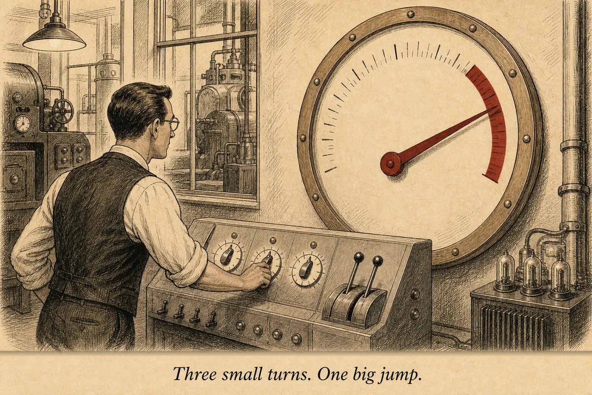 An operator at a mid-century desk with three dials in front of him — each turned up slightly — while a gauge behind him shows the needle jumping dramatically to the right