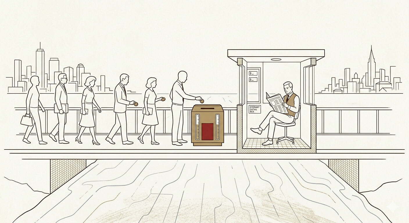 An 18th-century bridge operator sitting in a small toll booth reading a newspaper while a steady line of travelers crosses, each dropping a coin into a collection box