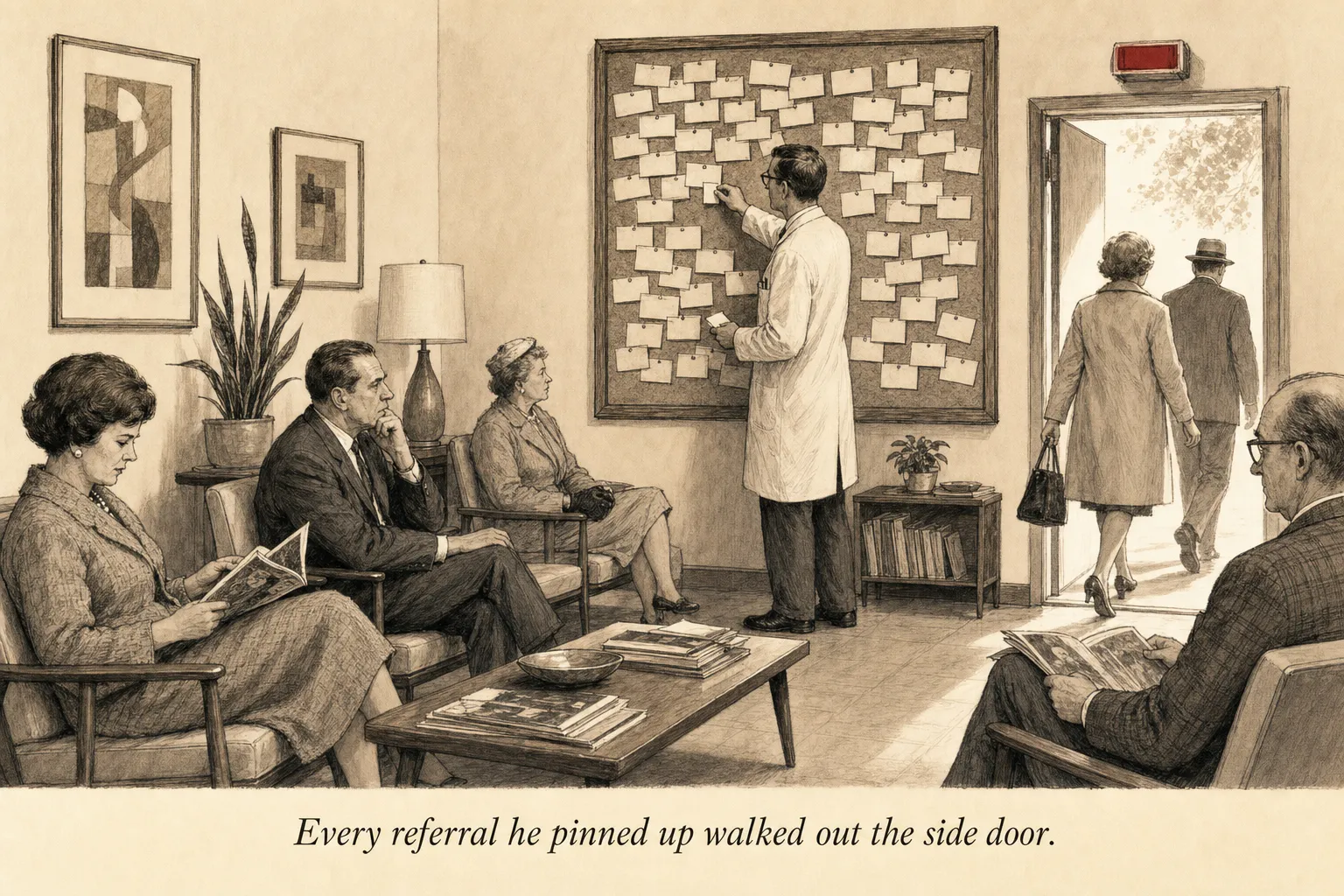 A 1960s doctor's waiting room. A physician pins business cards to a corkboard while patients leave through a side exit.