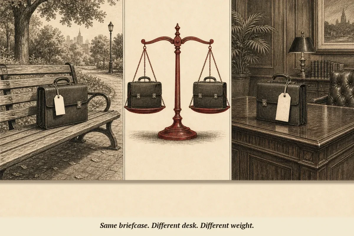 Two identical briefcases on a jeweler's scale — one sits on a park bench, the other on a mahogany desk — the desk-side briefcase weighs sixteen times more on the scale