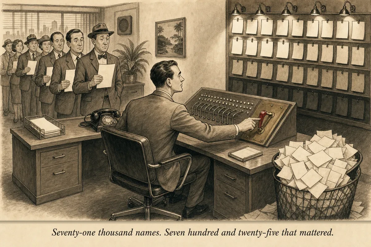 An operator at a switchboard desk routing calls from a long queue of waiting customers to a wall of contractor cards, each card showing a rating — the operator's hand hovers over the routing switch
