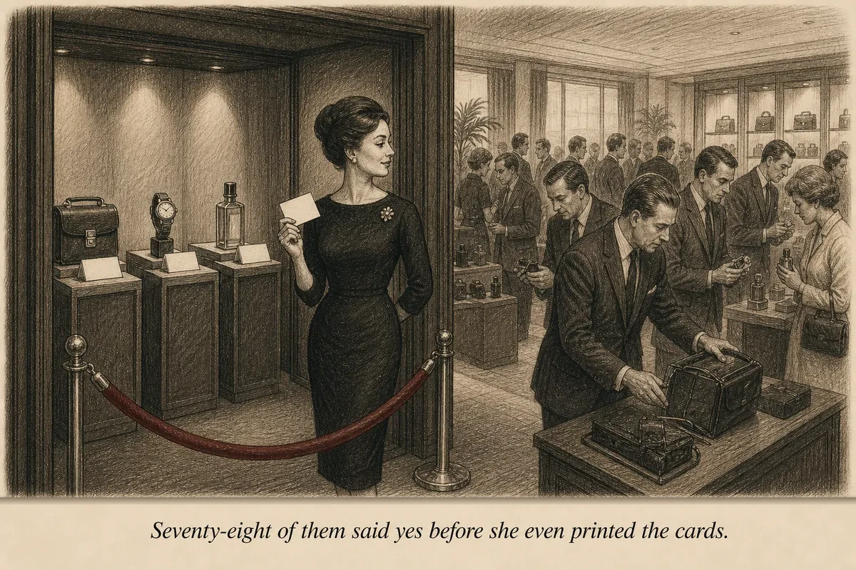 A well-dressed hostess standing at a velvet rope entrance to a private showroom, holding a membership card, while a crowd peers in from the general-access floor