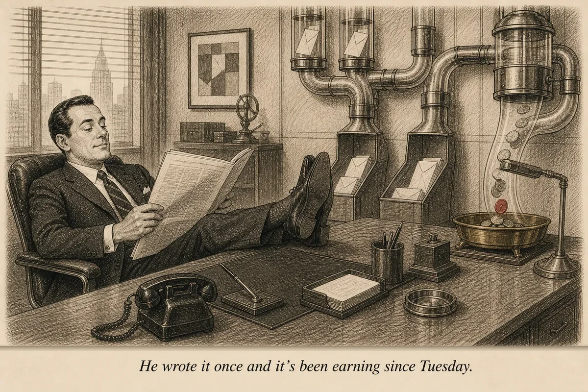 A 1960s operator at his desk, coffee in hand, watching a pneumatic tube system deliver envelopes and coins simultaneously while he reads the morning paper