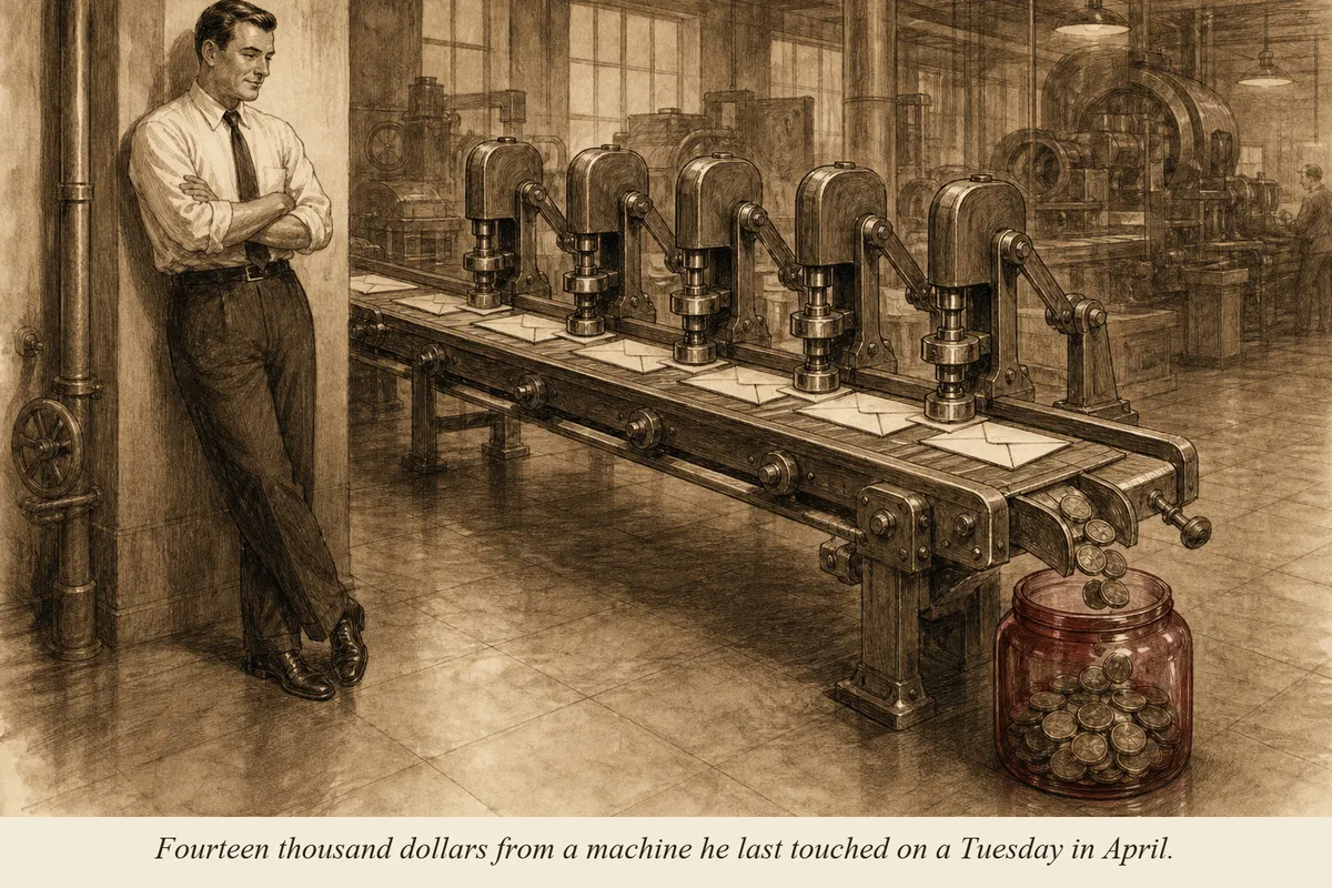 A factory conveyor belt carrying small envelopes through five stations, each stamping a coin onto the envelope, with a running total counter ticking upward at the end of the line