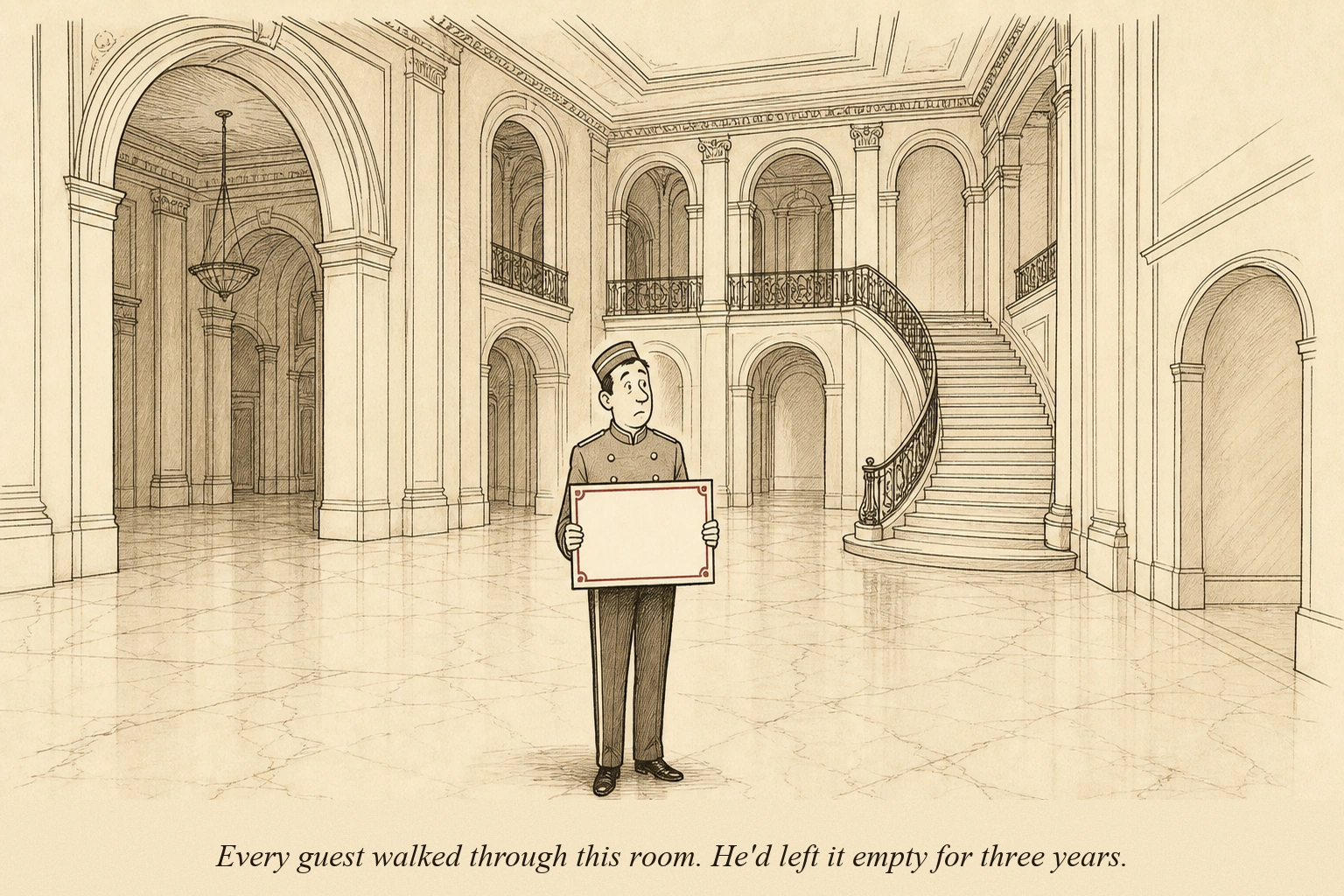 A grand hotel lobby with ornate architecture but completely bare — no furniture, no art, no concierge — just a lone bellhop standing in the center holding a blank welcome sign