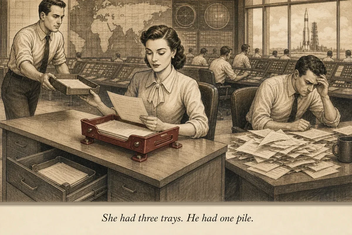 A mission control operator at a desk with three filing trays — one bolted to the desk, one in a desk drawer, and one being handed to them by a runner — while a colleague drowns behind a single overflowing inbox