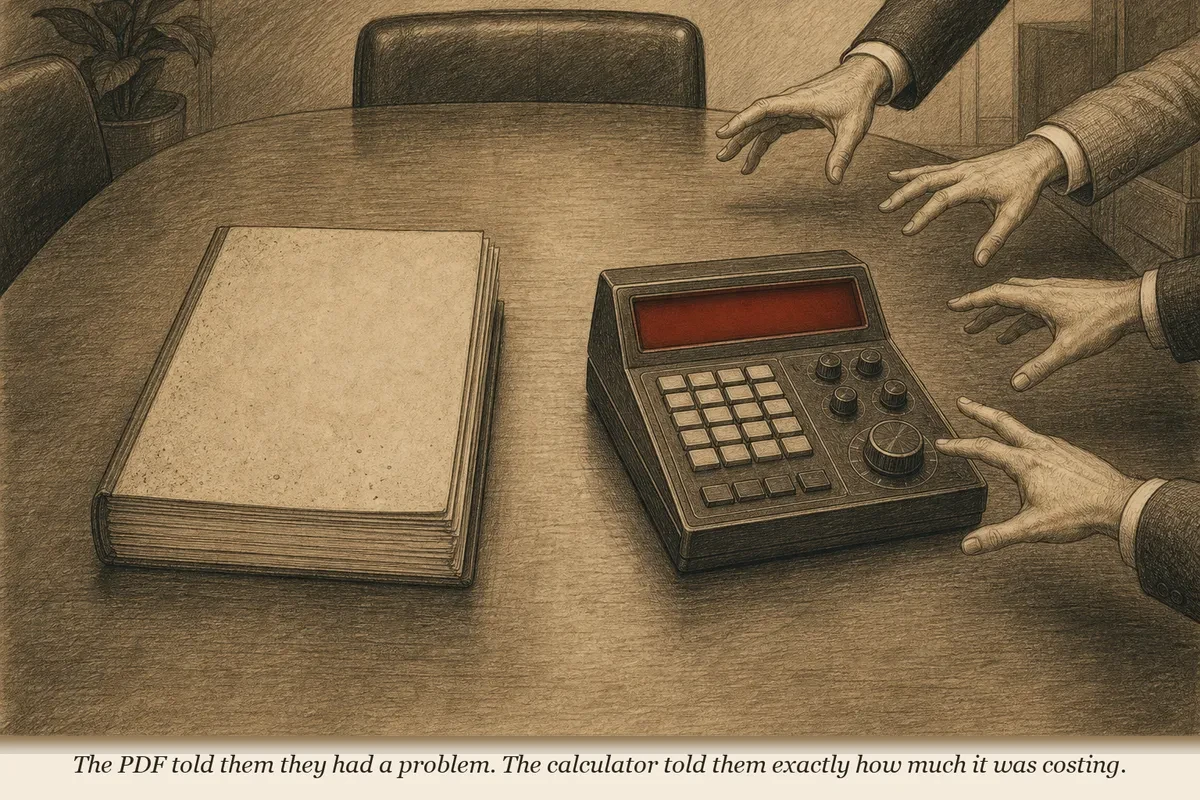 A dusty brochure on a table next to an active calculator with a glowing display showing a dollar amount, the calculator surrounded by eager hands
