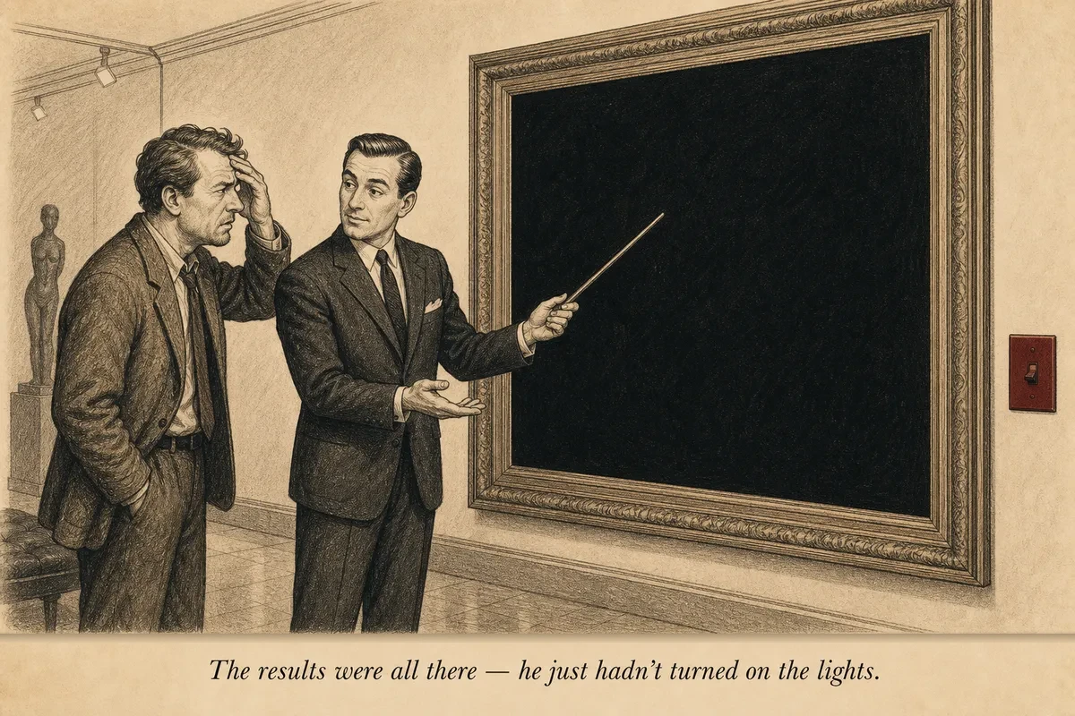 A creator squints at a framed painting on the wall that is entirely black, while the operator stands beside it pointing proudly at invisible details