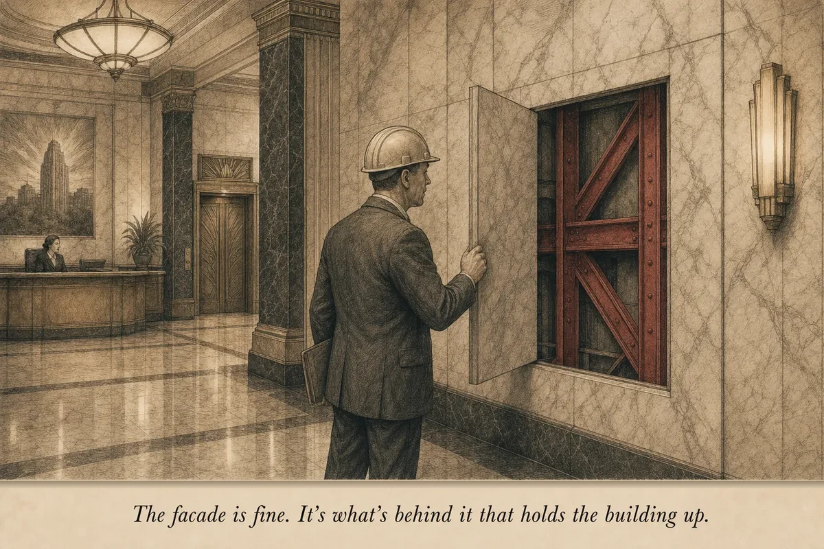A mid-century building inspector studying the structural beams of an ornate building — the outer facade is beautiful, the hidden steel frame is showing cracks