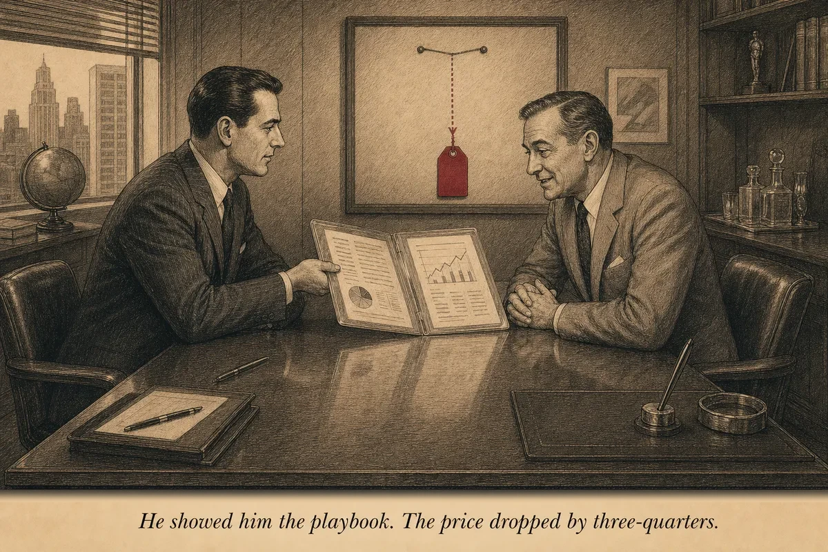 A buyer sliding a transparent open playbook across a desk to a community founder while a price tag on the wall behind visibly drops from a high number to a low one