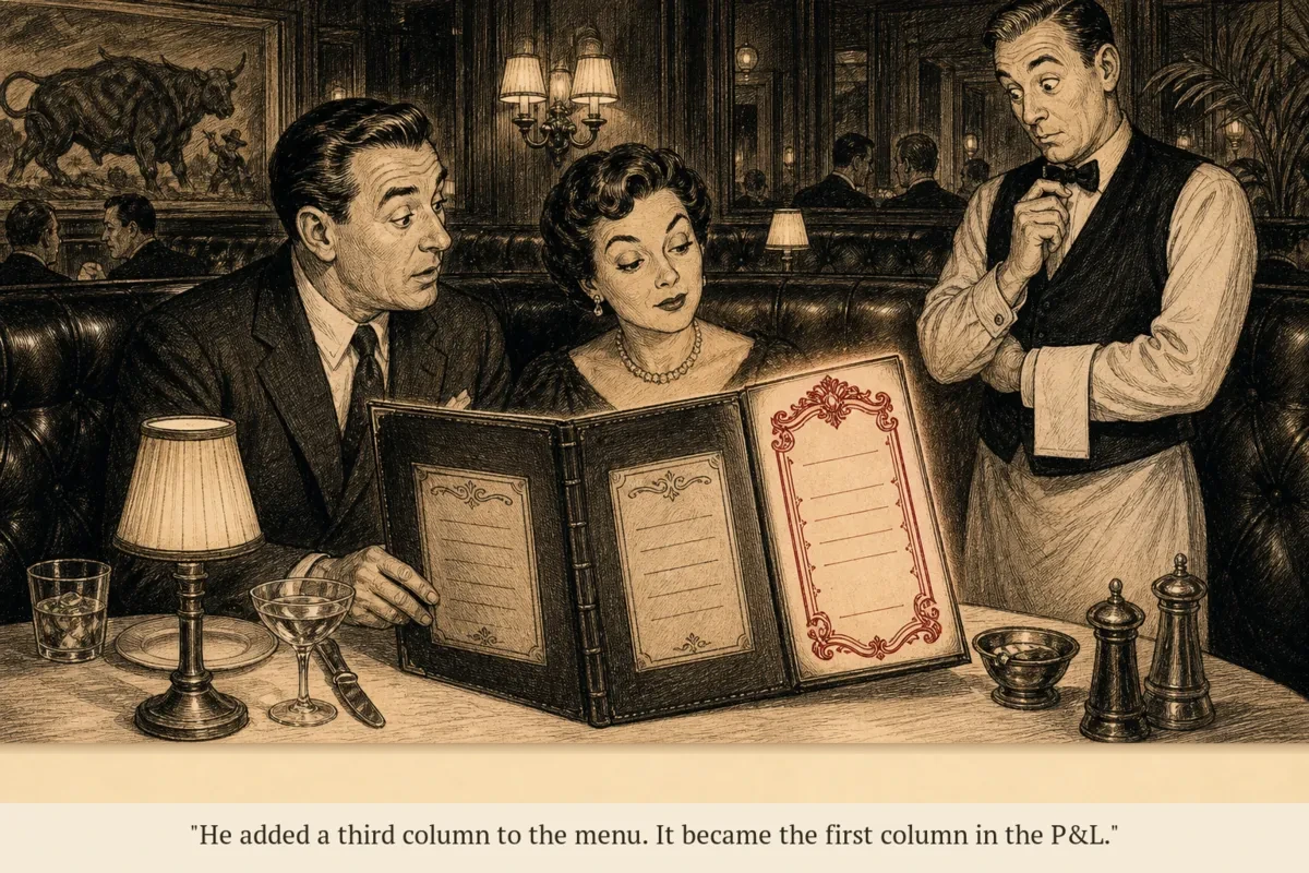 A mid-century restaurant menu with three columns — the third column, taller and more ornate, glows while a waiter watches in quiet surprise