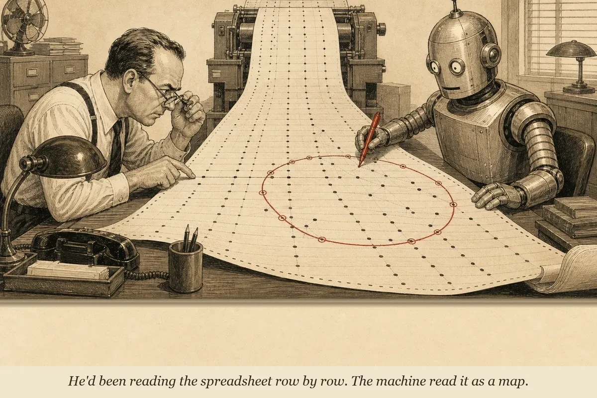 An operator and a robot both studying the same large spreadsheet — the operator squinting at one row while the robot has circled a pattern spanning hundreds of rows