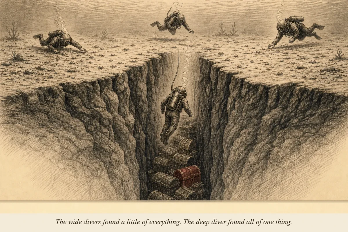 A deep-sea diver descending into a single narrow trench filled with treasure while other divers scatter across the wide ocean floor finding nothing
