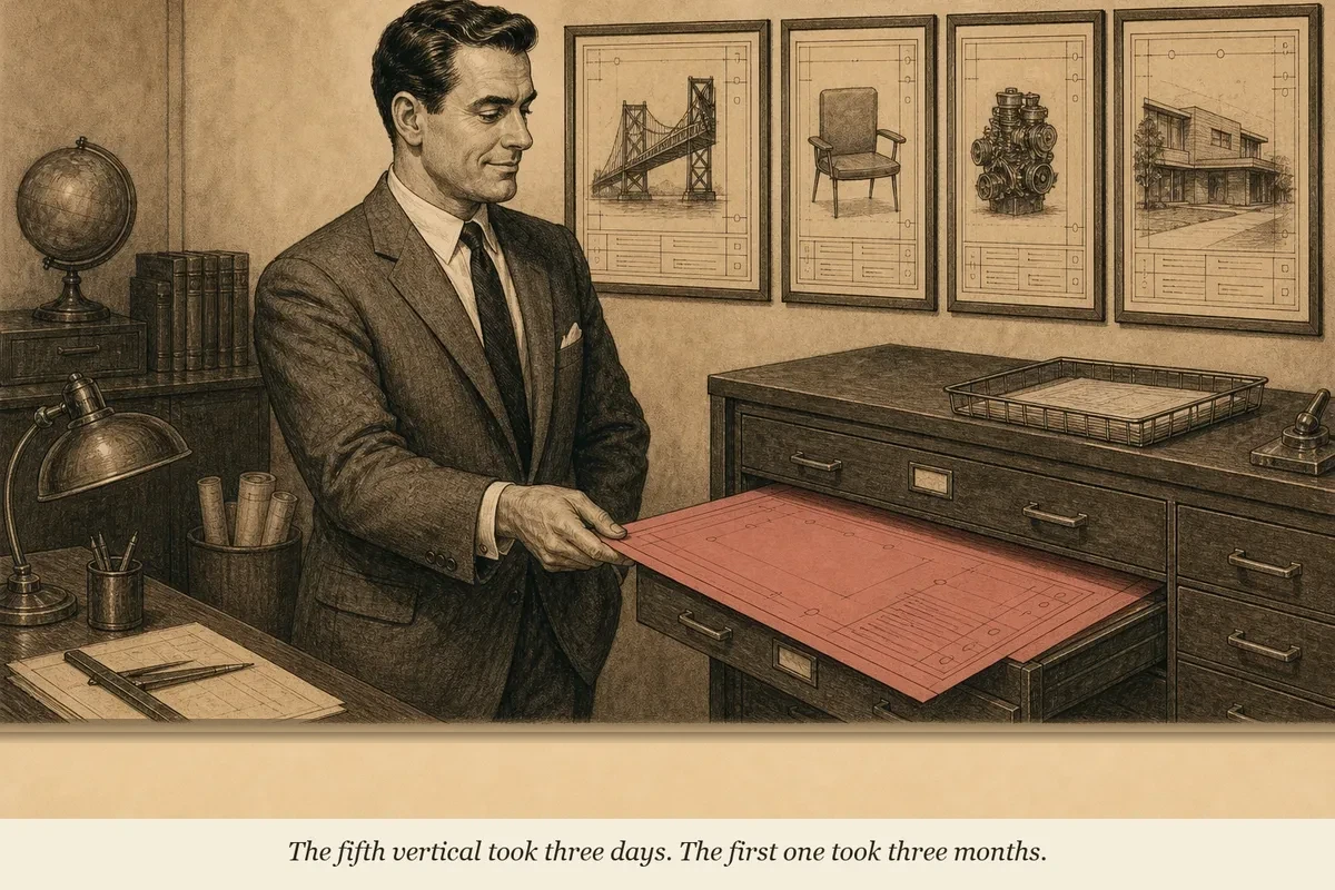 An operator at a filing cabinet pulling out an identical blueprint for a new industry while four completed blueprints hang framed on the wall behind
