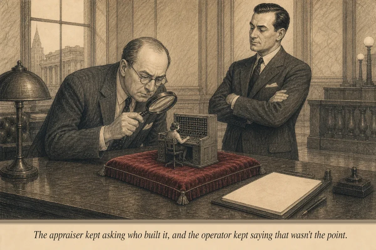 A bank appraiser with a magnifying glass examines a small machine on a velvet cloth while the operator watches, arms folded
