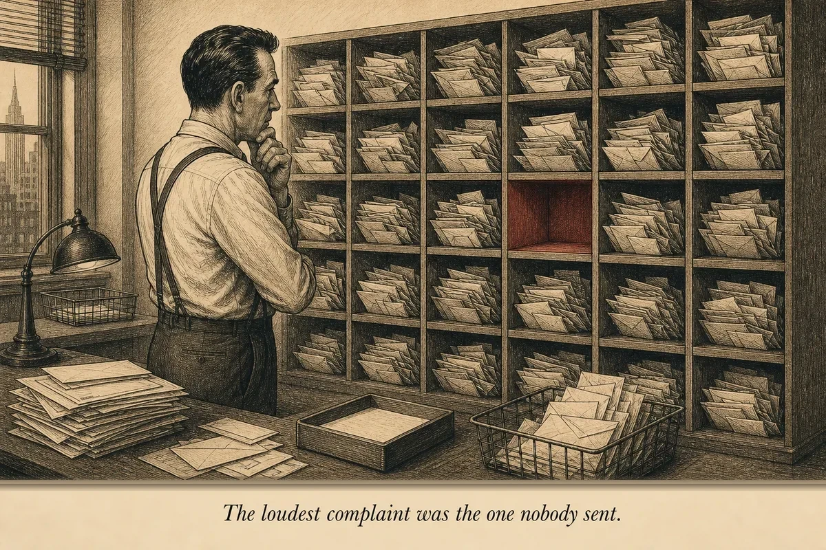 A row of identical alarm clocks on a shelf, all ringing except one in the middle which sits silent, its bell still